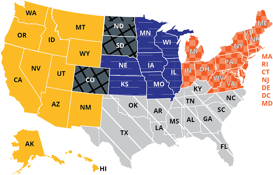 Map of United States Showing Sales Manager Territories